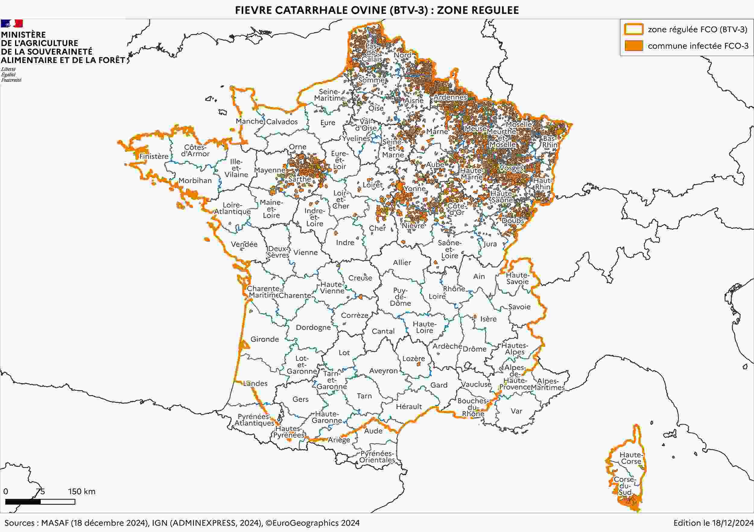 Carte de France présentant les zones régulées au 19 décembre 2024. Le détail des foyers par commune est consultable dans le tableau après la carte.