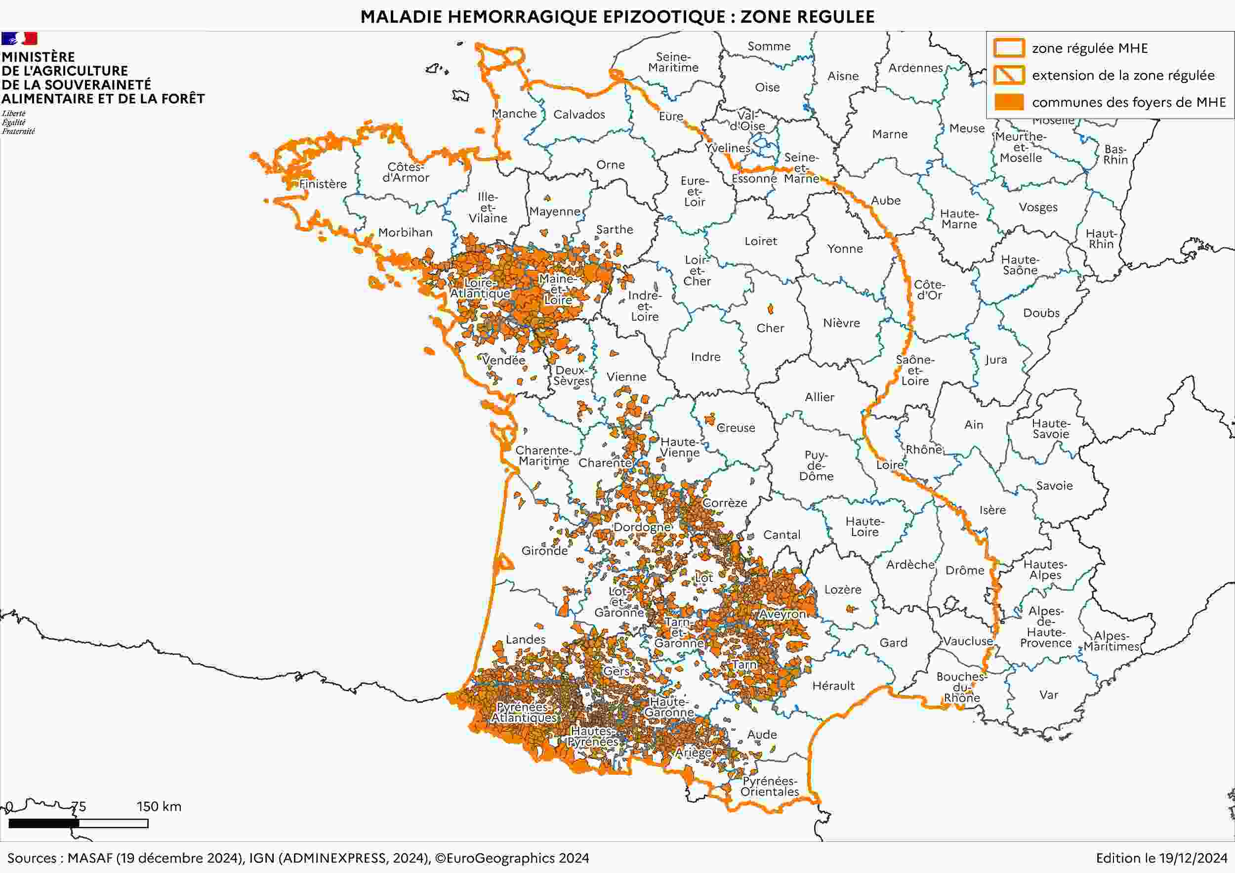 Cartographie de la zone réglementée au titre de la MHE (19 décembre 2024). Les données sont disponibles dans le tableau sous la carte.