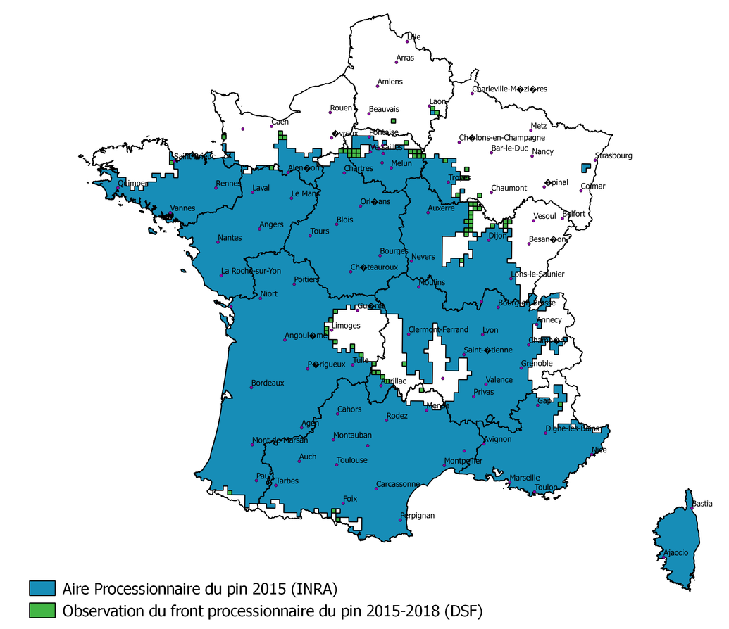 Répartition de la processionnaire du pin en France (2018)