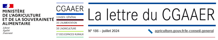 Bandeau de la Lettre du conseil général de l'alimentation de l'agriculture et des espaces ruraux (CGAAER) n°186 juillet 2024. Ministère de l'Agriculture et de la souveraineté alimentaire 