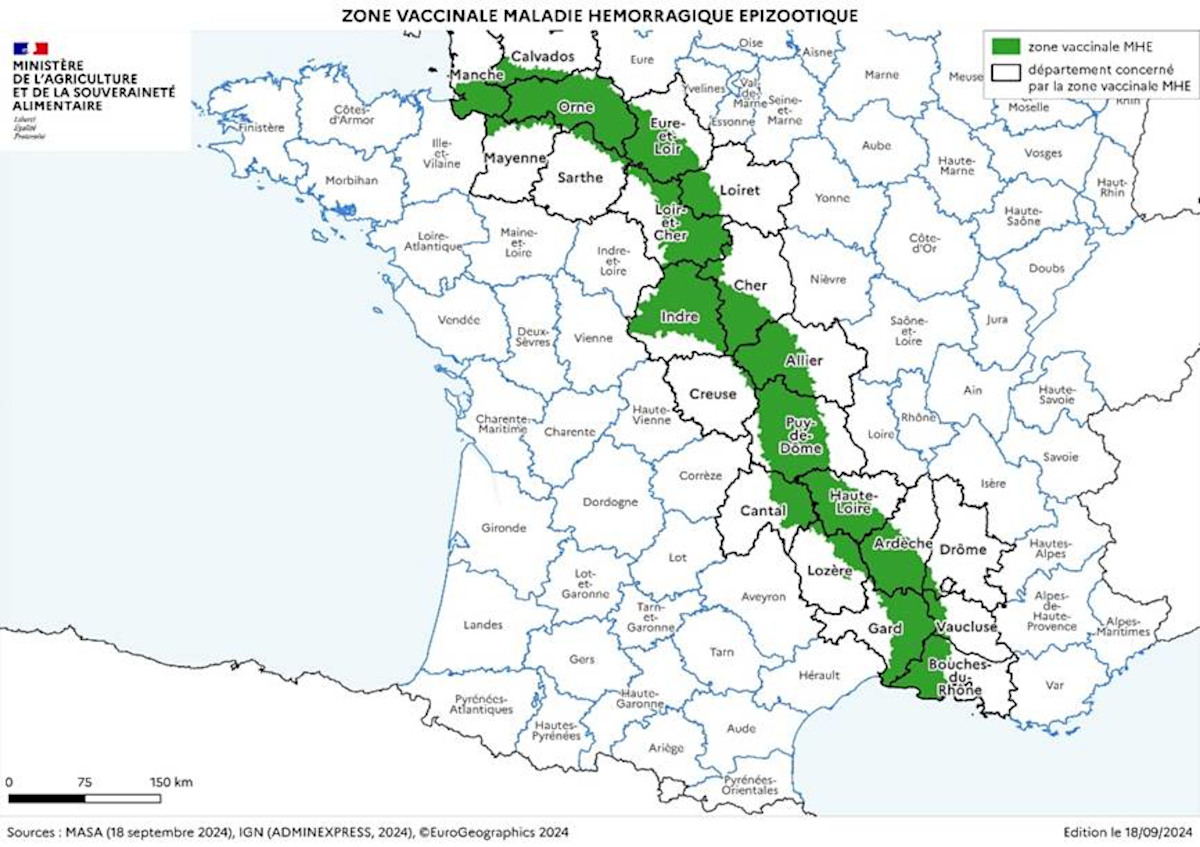 Carte de France présentant la zone vaccinale contre la maladie hemorragique epizootique