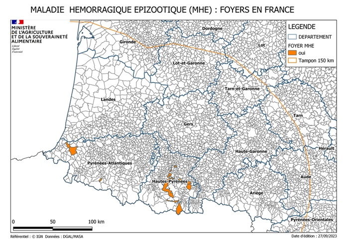 Zone réglementée au titre de la MHE au 28/092023