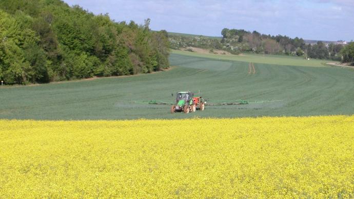 Traitement mécanisé des cultures avec au premier plan un champs de colza en fleurs.