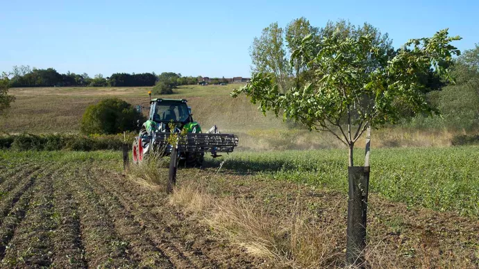 Tracteur dans un champ d'agriculture biologique