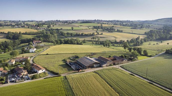 Vue aérienne d'un paysage agricole.