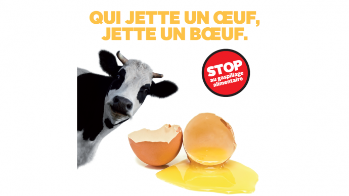 Visuel campagne antigaspi, Une vache et un oeuf sont présents