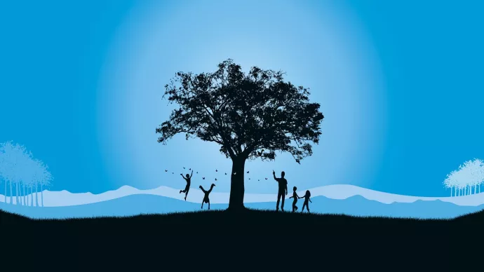 Un arbre sur fond bleu. Des enfants jouent à côté.