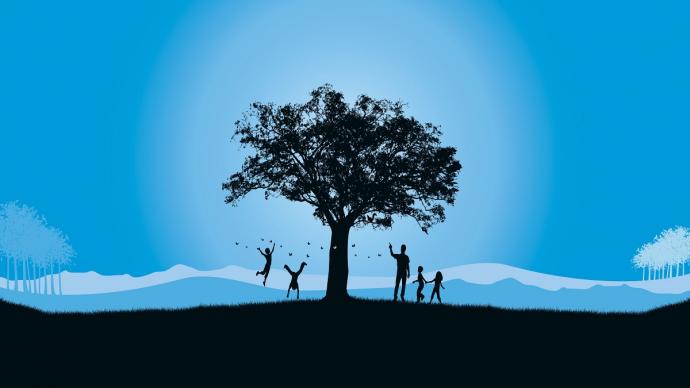 Un arbre sur fond bleu. Des enfants jouent à côté.