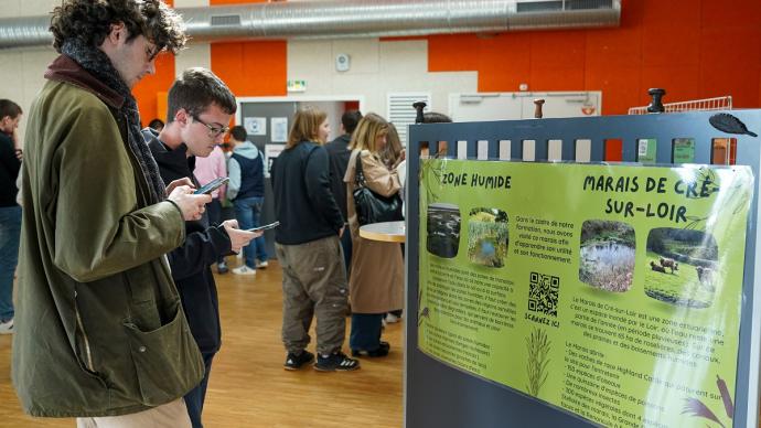 Etudiants devant un panneau pédagogique sur les zones humides